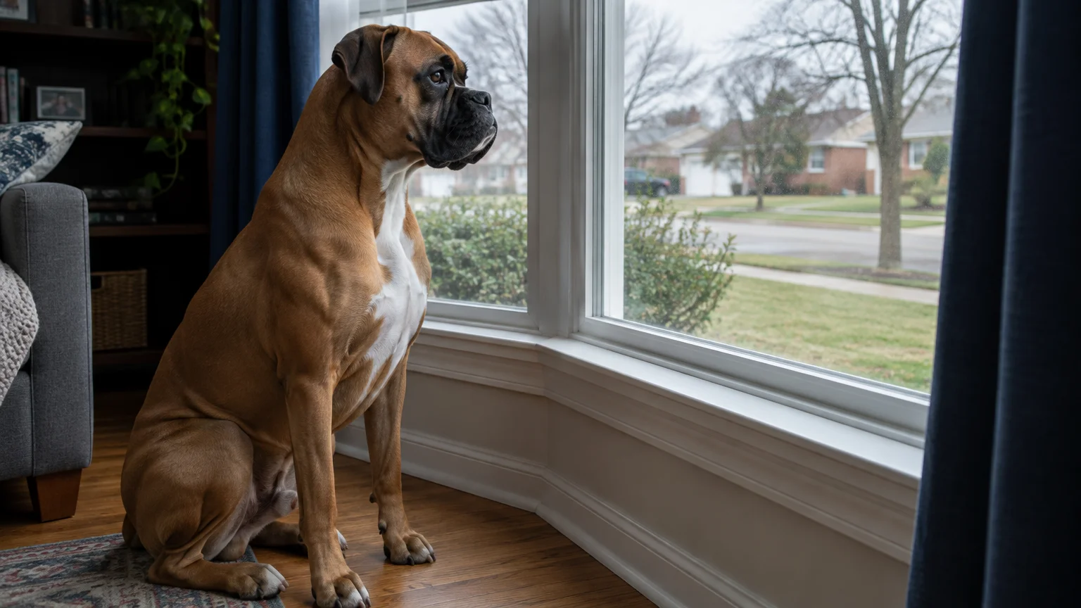 A brown boxer dog sits on a wooden floor looking out a large bay window toward a suburban street.