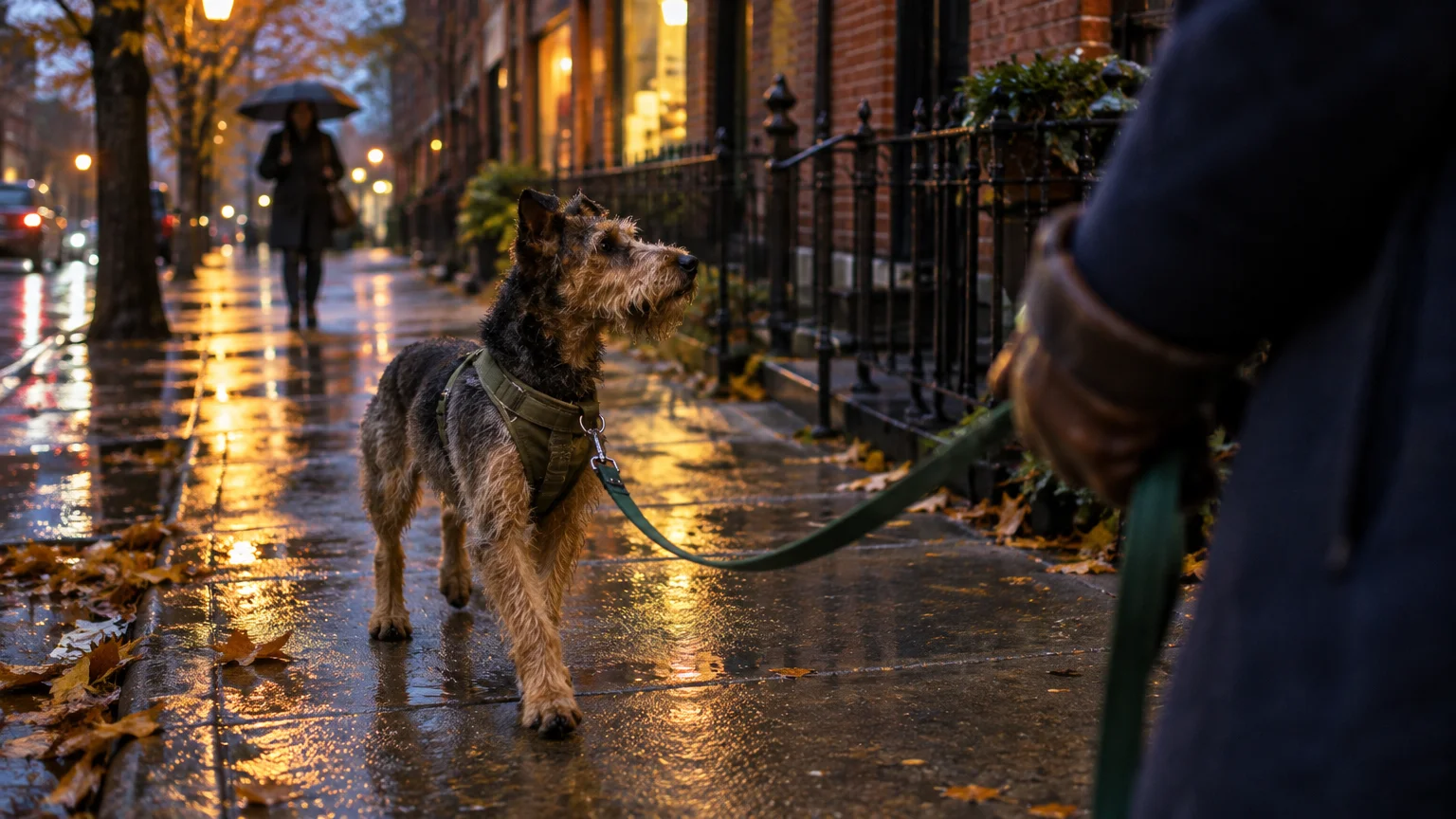 Terrier on a leash walking along a wet city sidewalk on an autumn evening as a pedestrian with an umbrella walks past.