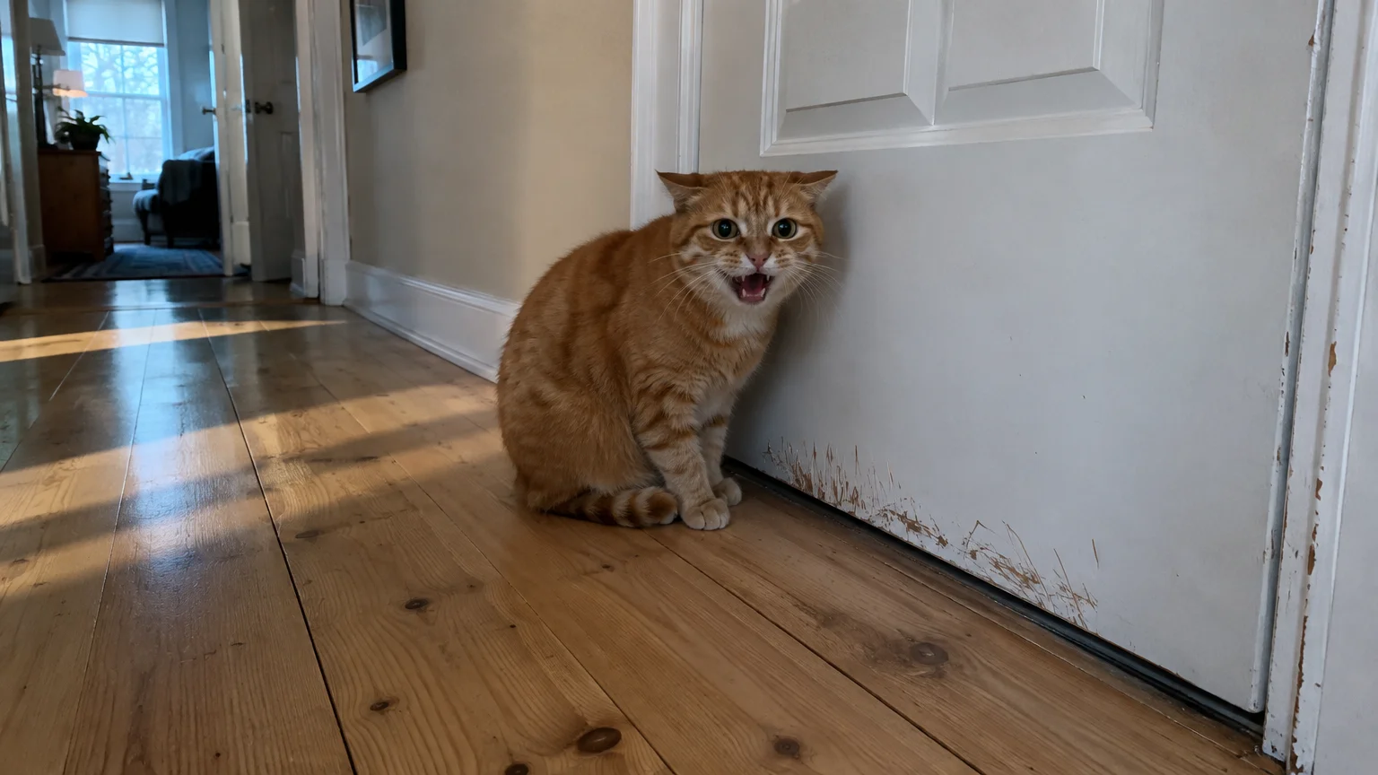 An orange tabby cat with ears back meows outside a closed white door marked with heavy scratch marks along the bottom.