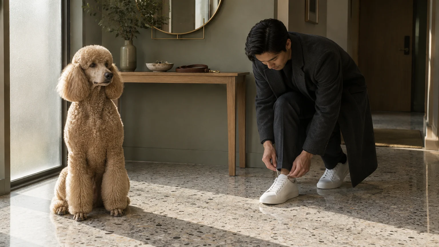 A well-groomed apricot standard poodle sits on a speckled stone floor beside a man tying his white sneaker.