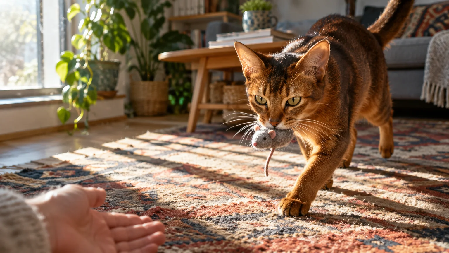An Abyssinian cat carries a small toy mouse in its mouth, walking across a rug toward an outstretched human hand.