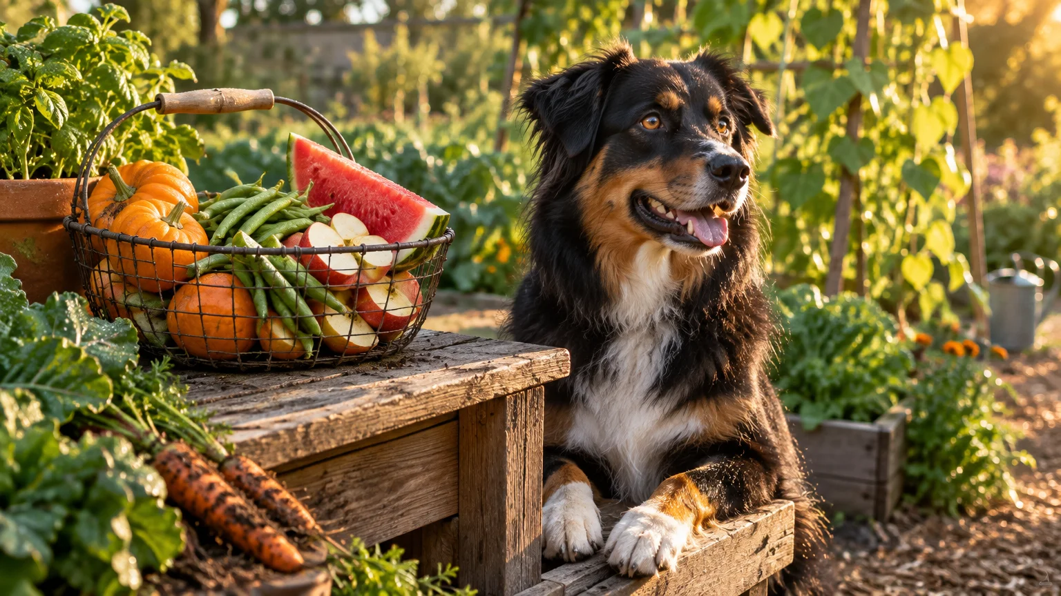 Australian Shepherd dog sitting by a wooden bench with a wire basket of fresh fruits and vegetables in a sunny garden.