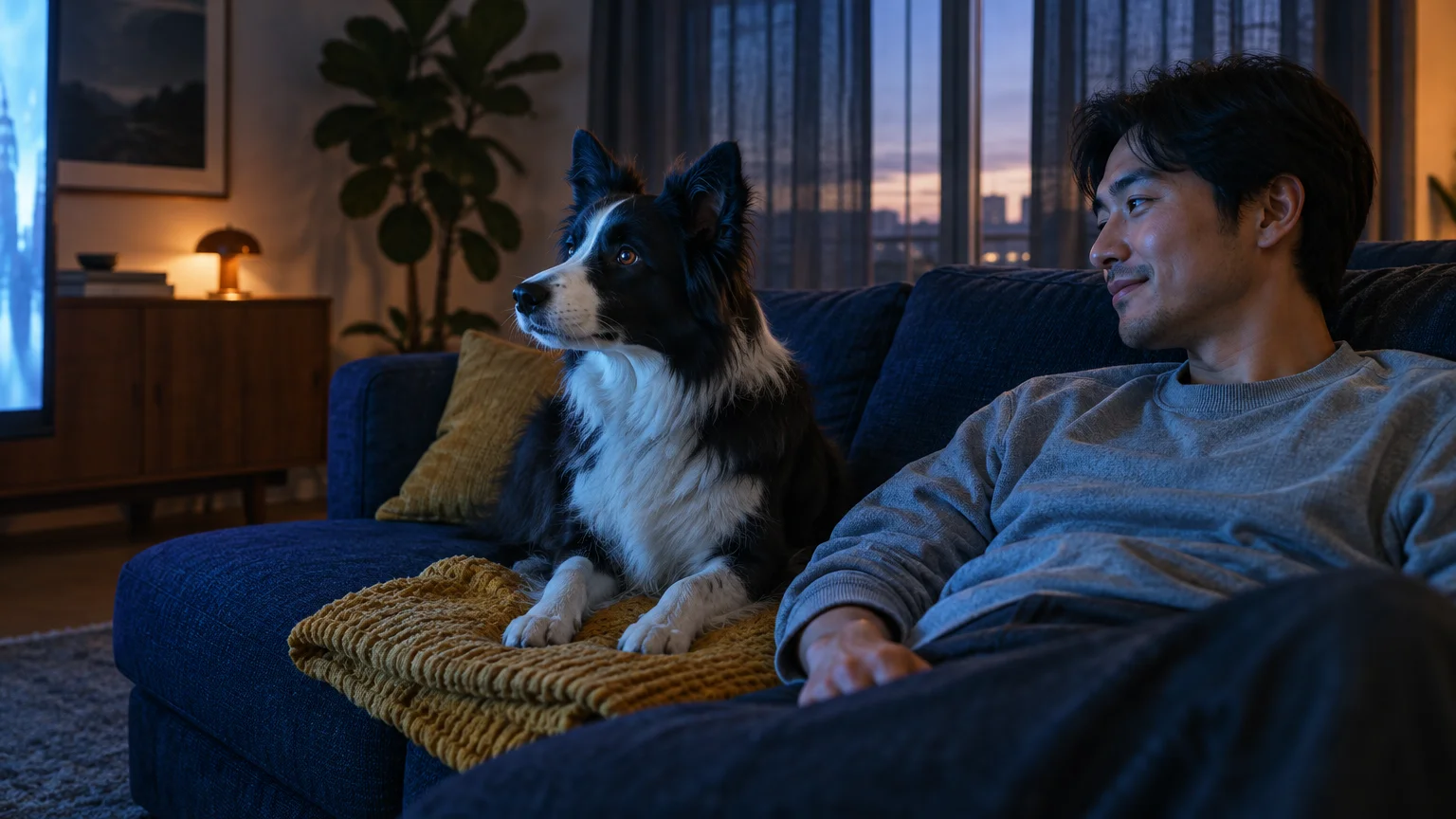A man and a black-and-white border collie sit together on a blue living room sofa, watching television in dim evening light.