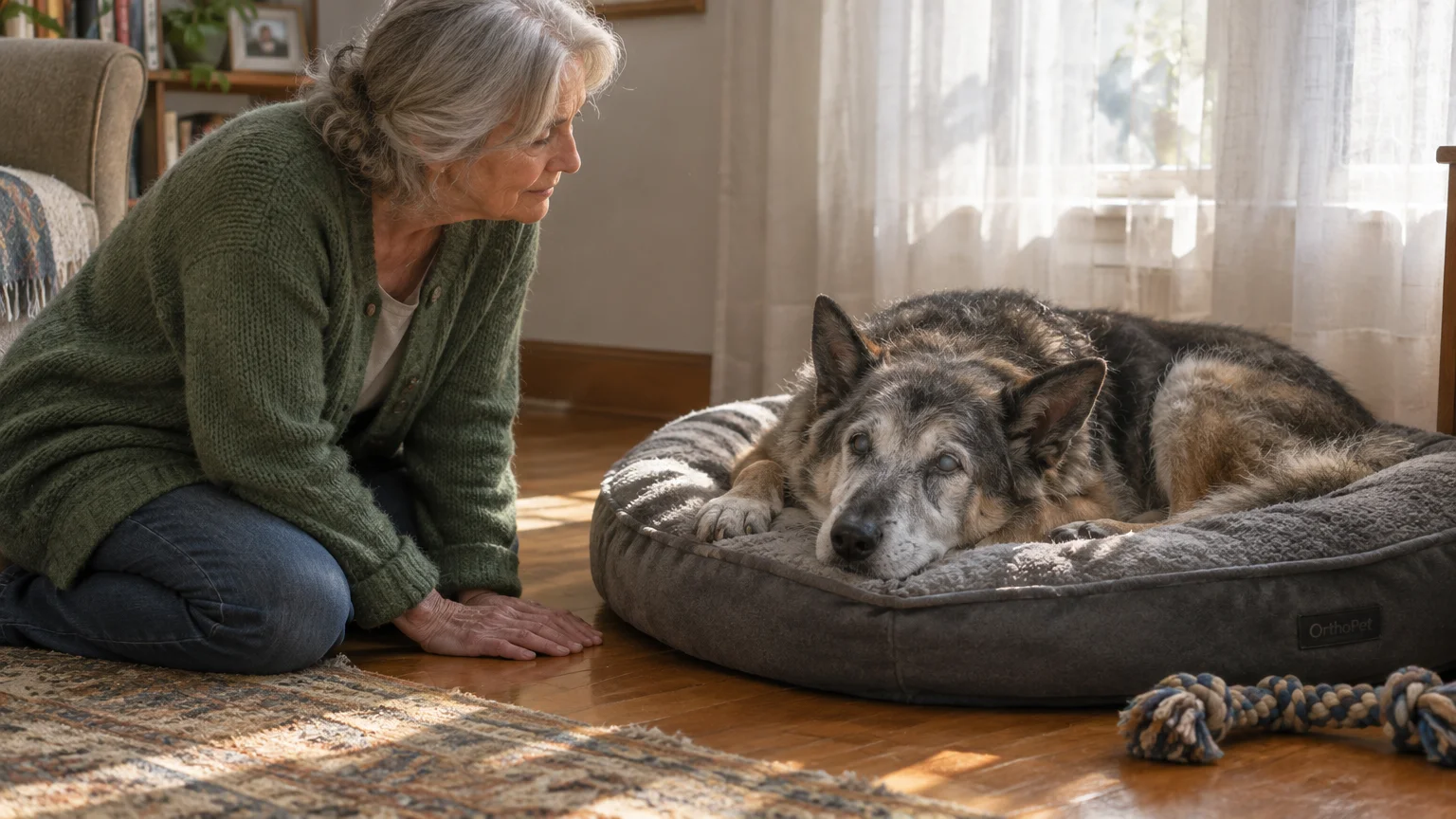 An older woman kneels on a wooden floor facing an elderly German shepherd resting on a plush round dog bed.