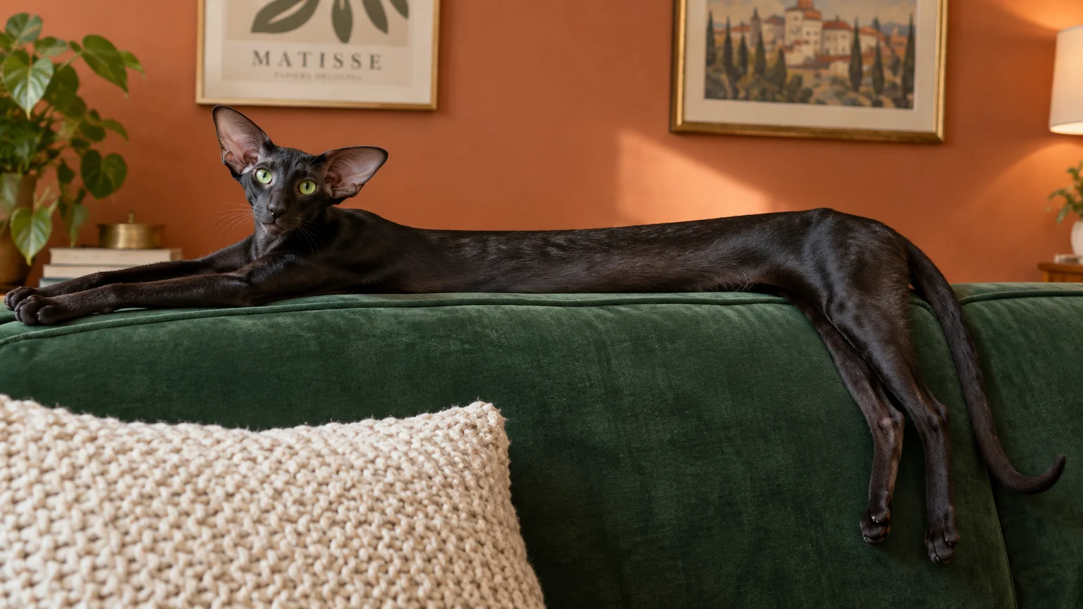 A sleek black Oriental Shorthair cat lies stretched out along the back of a green velvet couch against an orange wall.