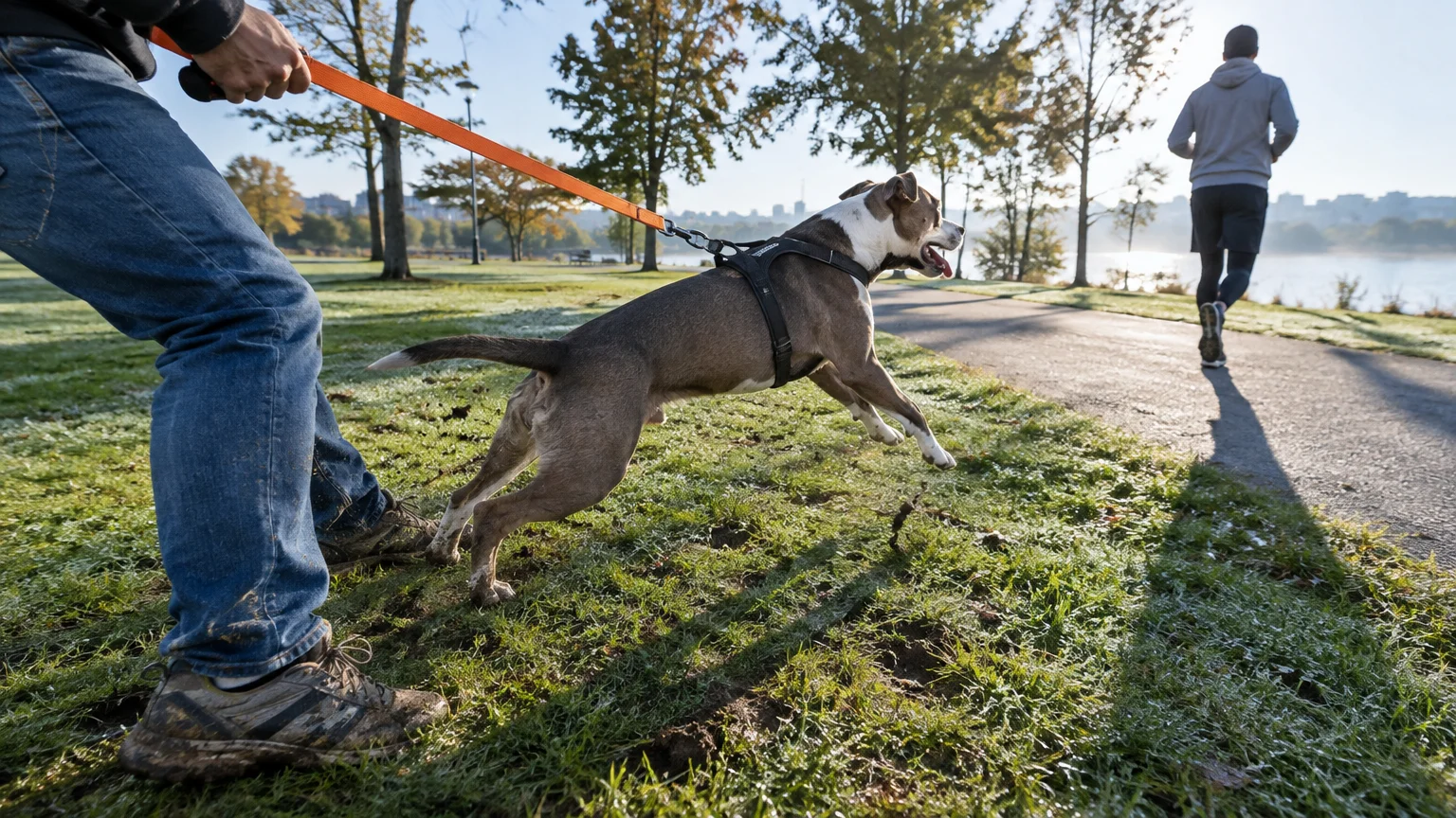 A dog strains forward on an orange leash held by a person on grass, watching a jogger run down a park pathway.