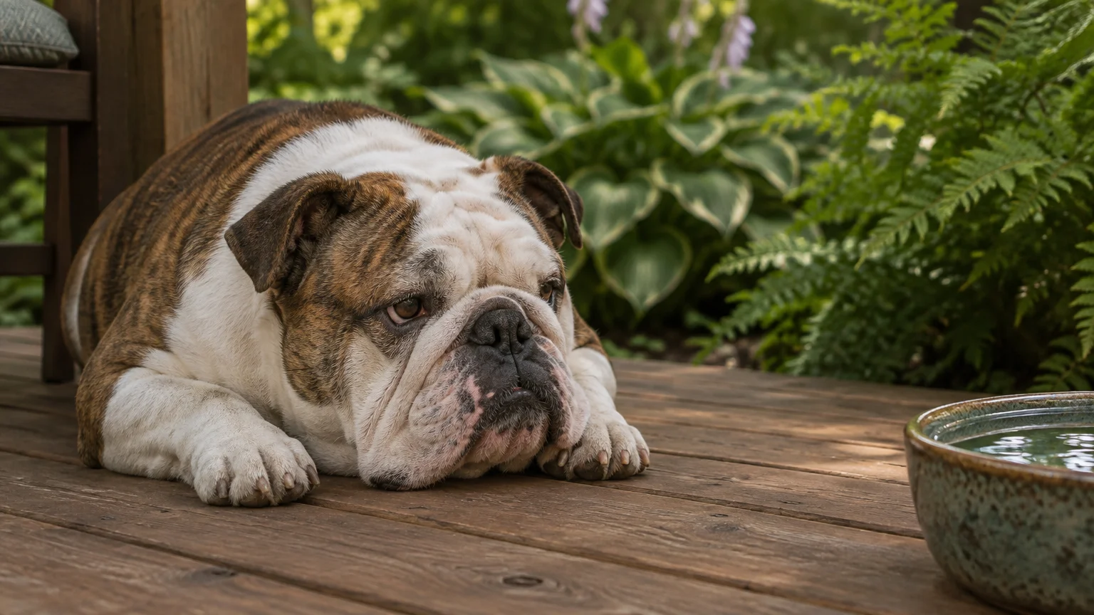 English bulldog resting flat on a wooden deck next to a ceramic water bowl, surrounded by leafy garden ferns.