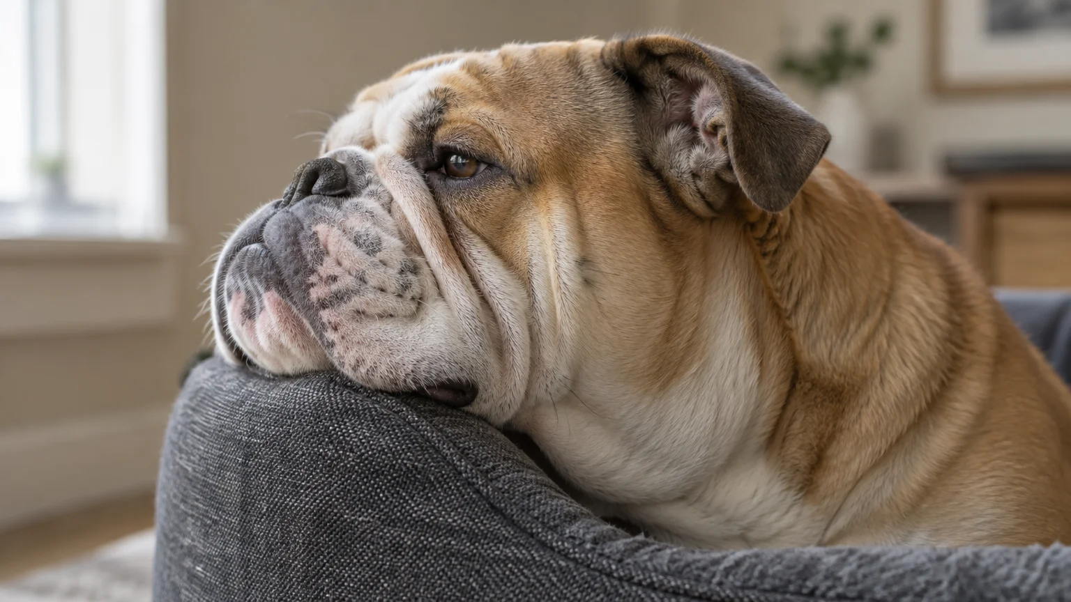 An English bulldog rests its chin on the raised fabric bolster of a gray dog bed.