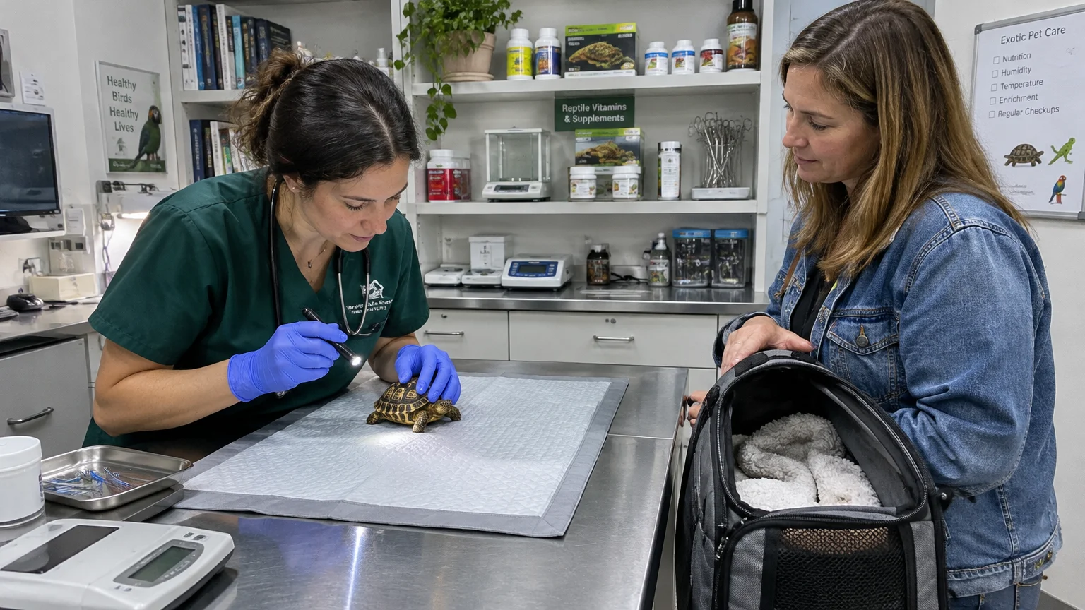A veterinarian in blue gloves examines a small tortoise with a penlight beside an owner in a denim jacket.