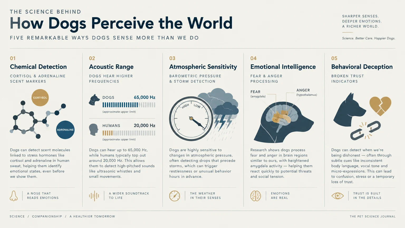 Five-column infographic with diagrams of molecules, audio ranges, a barometer, a dog brain scan, and broken trust icons.