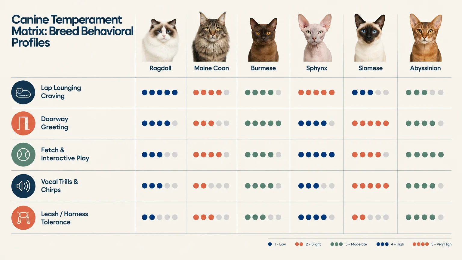 Canine Temperament Matrix rating six cat breeds across five behavioral traits using a color-coded dot scale.