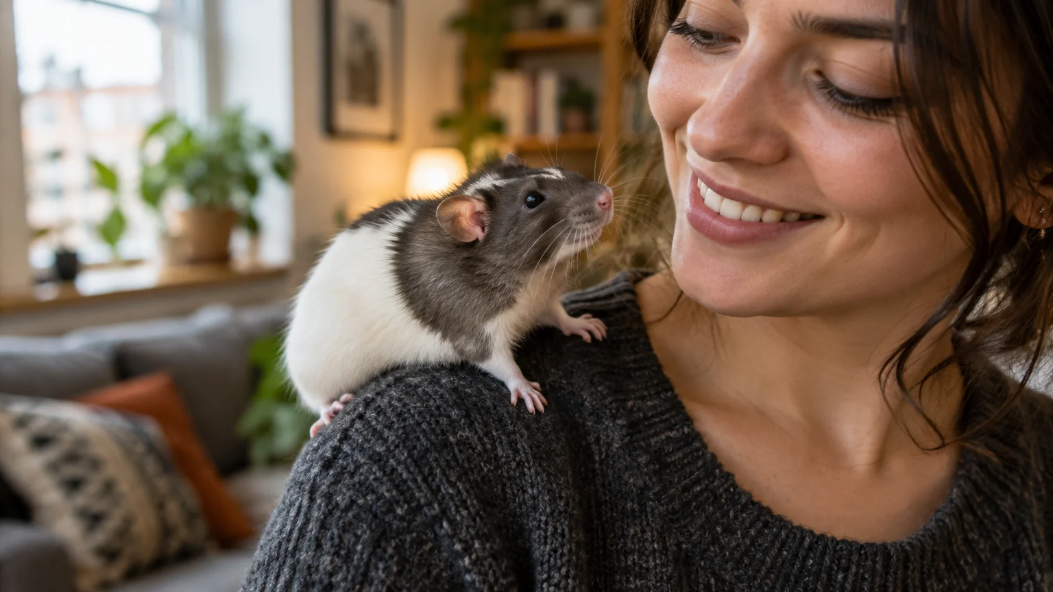 A smiling woman looks at a black and white pet rat perched on her shoulder indoors.