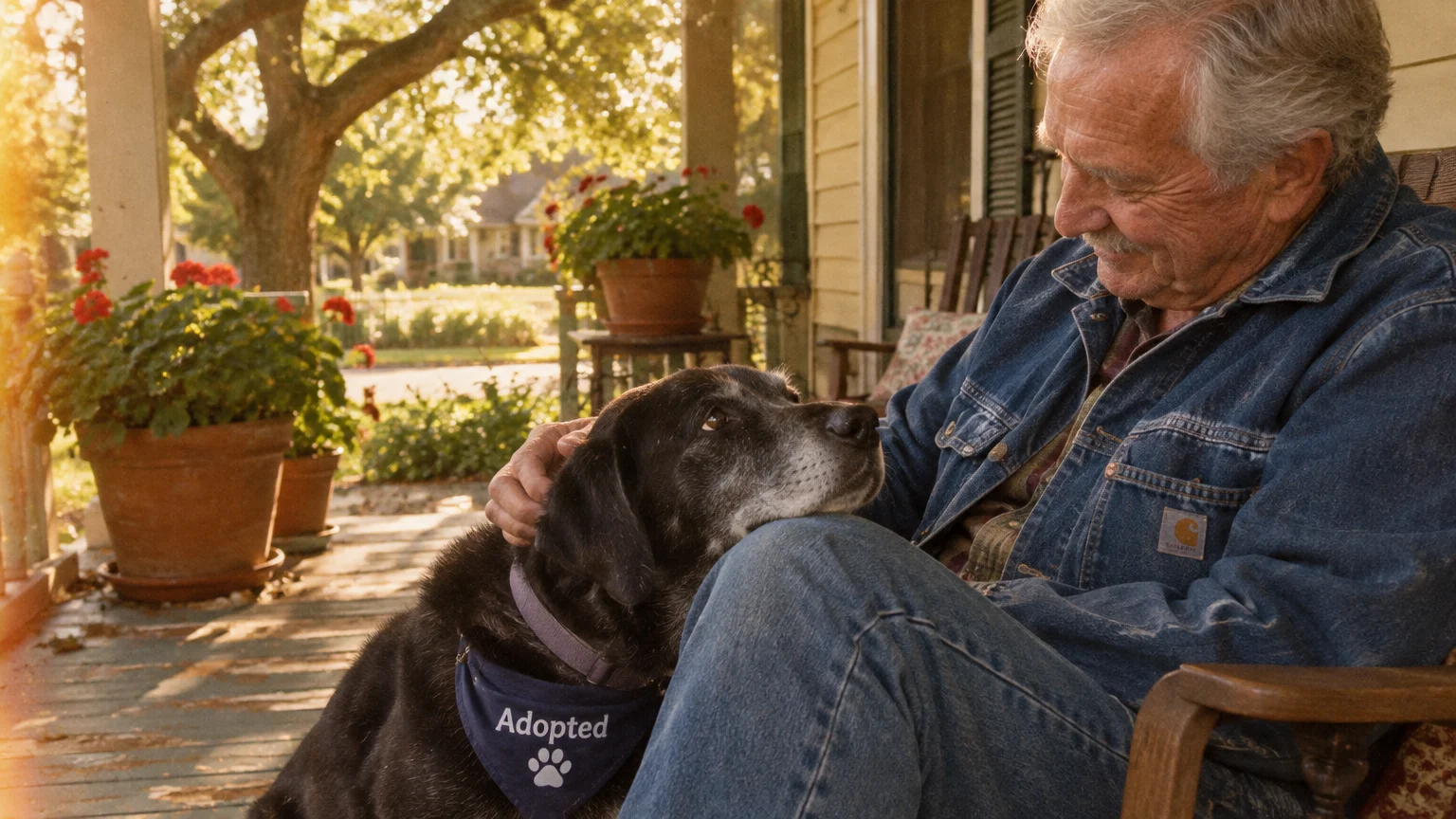An older man sitting on a porch smiles down while petting a senior black dog wearing an Adopted bandana.
