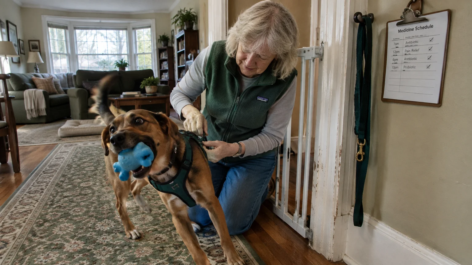 A woman kneels to adjust a harness on an energetic dog holding a blue toy, beside a wall-mounted medicine schedule.