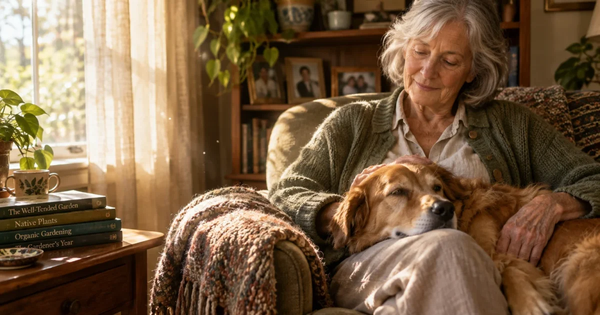 Senior woman sitting in an armchair petting a golden dog resting its head on her lap in a sunlit living room.