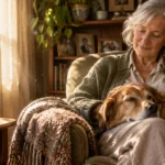Senior woman sitting in an armchair petting a golden dog resting its head on her lap in a sunlit living room.