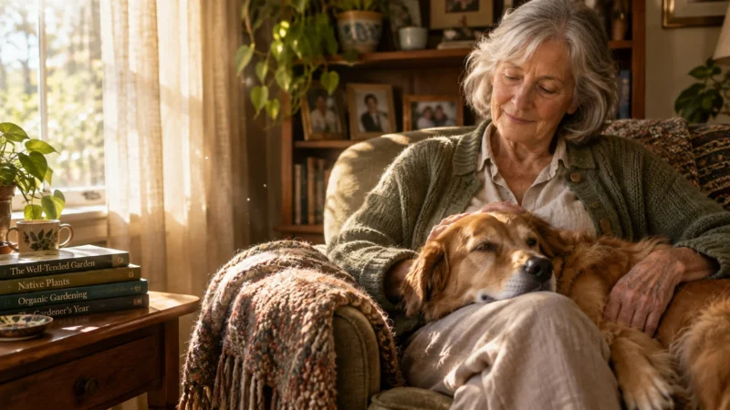 Senior woman sitting in an armchair petting a golden dog resting its head on her lap in a sunlit living room.