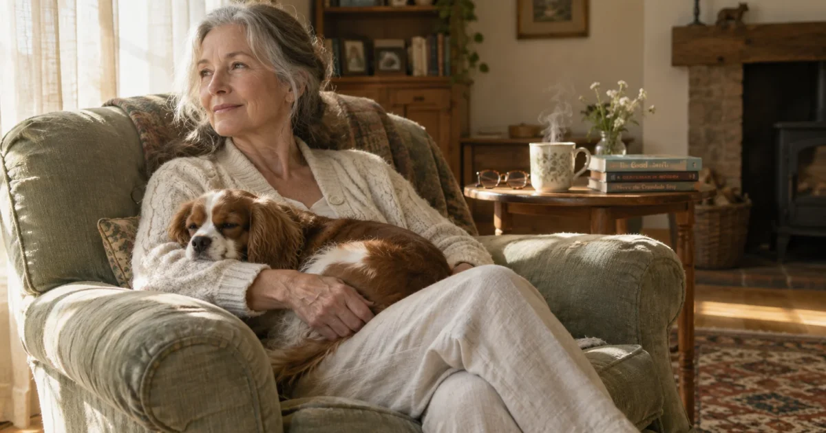 A smiling woman with gray hair sits in an armchair holding a sleeping Cavalier King Charles spaniel on her lap.