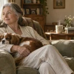 A smiling woman with gray hair sits in an armchair holding a sleeping Cavalier King Charles spaniel on her lap.