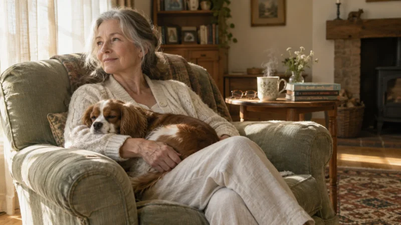 A smiling woman with gray hair sits in an armchair holding a sleeping Cavalier King Charles spaniel on her lap.