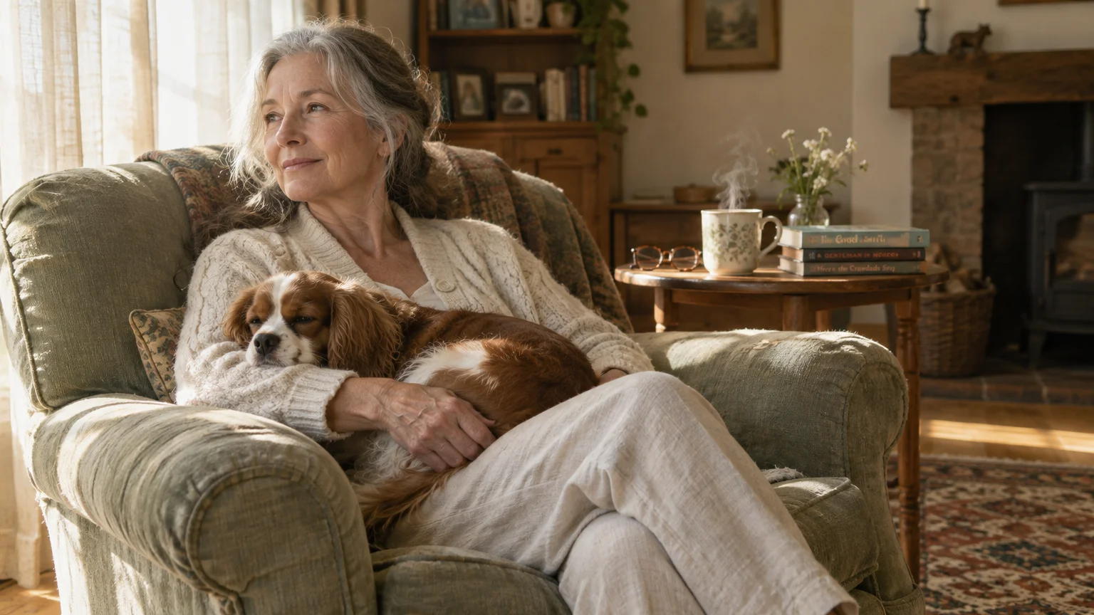A smiling woman with gray hair sits in an armchair holding a sleeping Cavalier King Charles spaniel on her lap.
