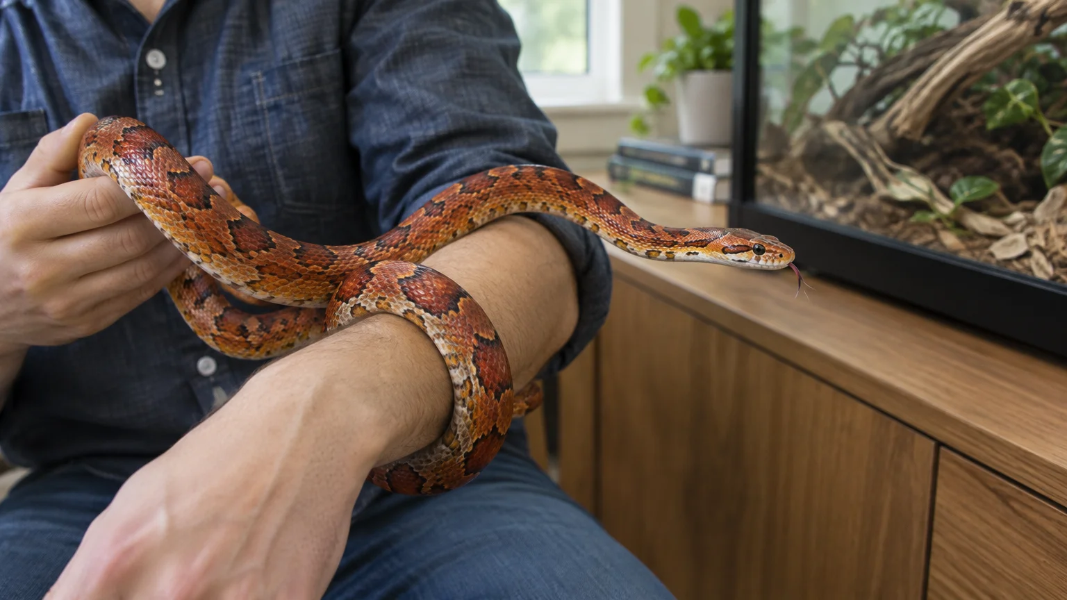 A person holding an orange and red corn snake coiled around their arm next to a glass terrarium.
