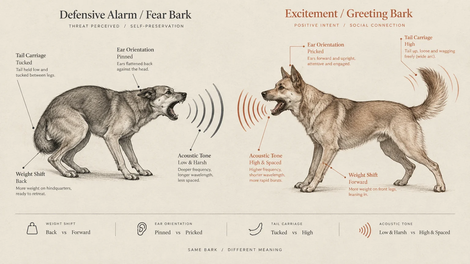 Diagram comparing body language and acoustic tone of a defensive fear bark versus an excitement greeting bark in dogs.