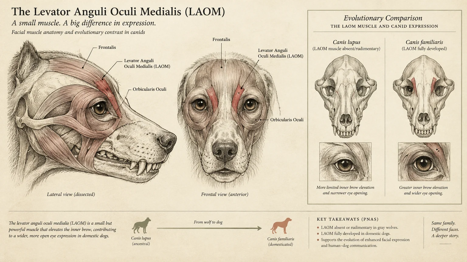 Anatomical diagram of canid facial muscles comparing the levator anguli oculi medialis in wolves and domestic dogs.