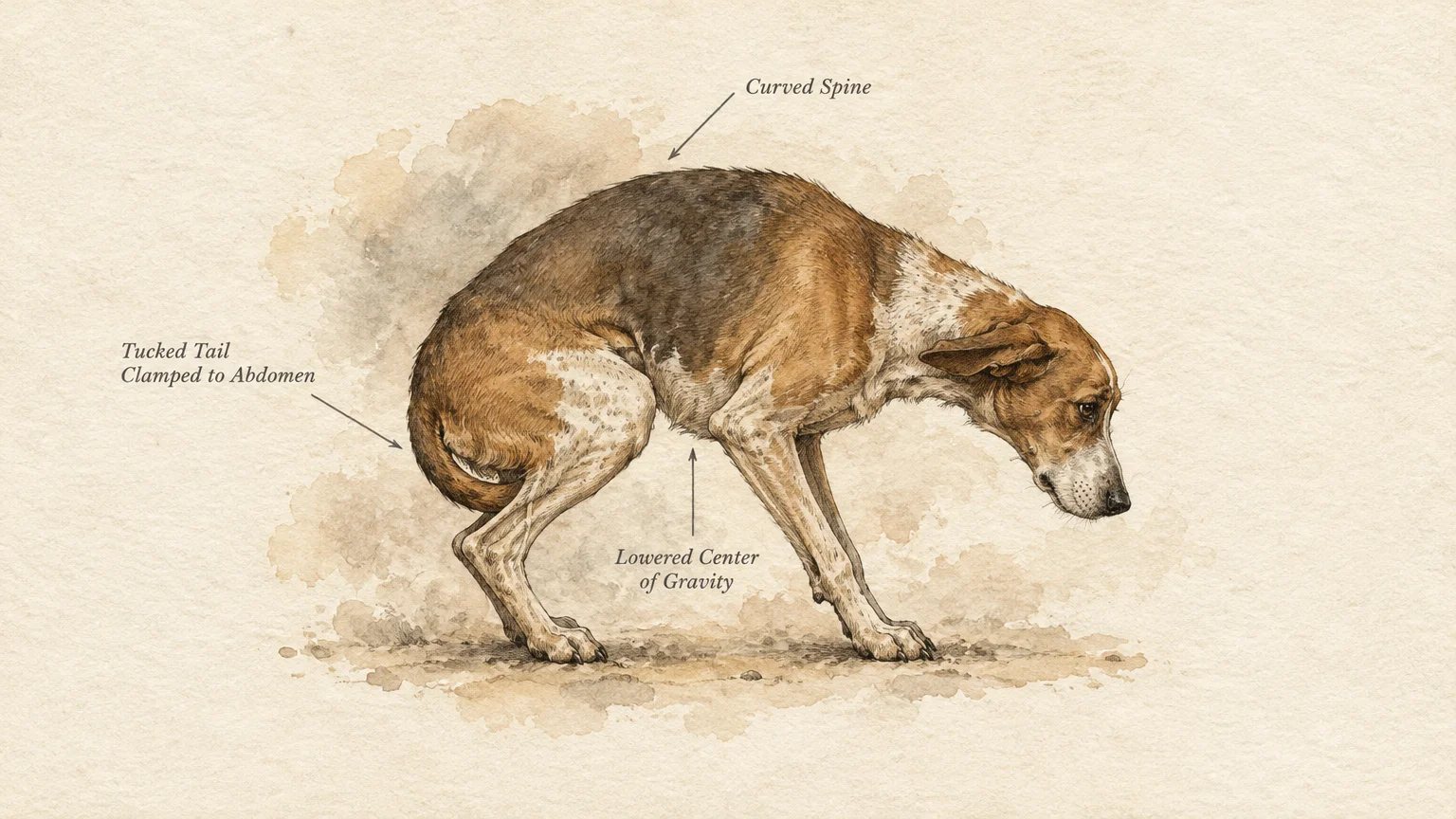 Watercolor diagram of a cowering dog labeled with curved spine, lowered center of gravity, and tucked tail.