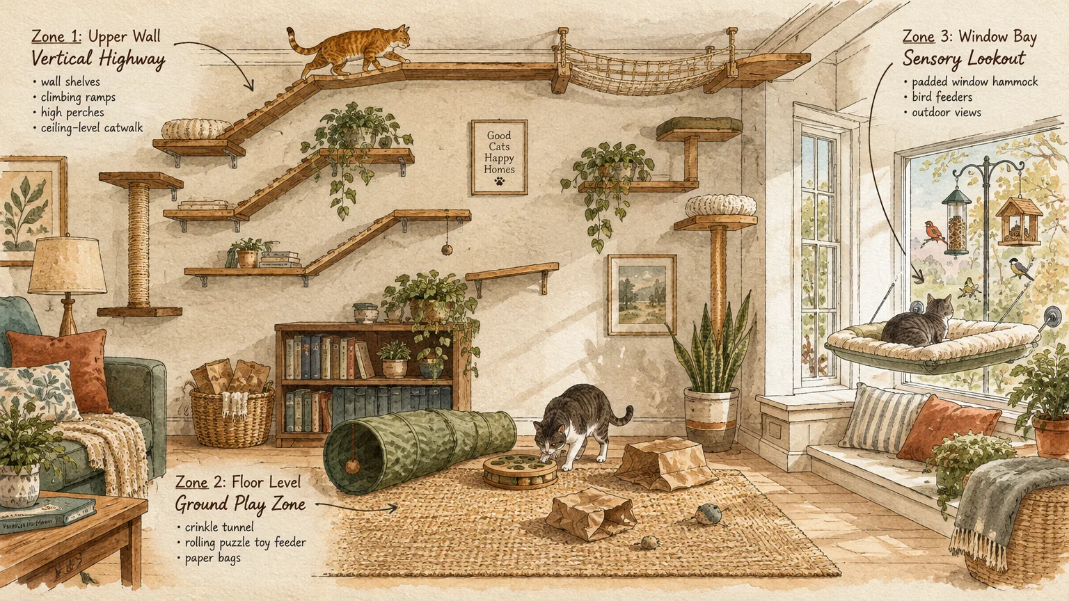 Illustration of a cat-friendly living room with wall climbing ramps, high shelves, floor toys, and a window hammock.