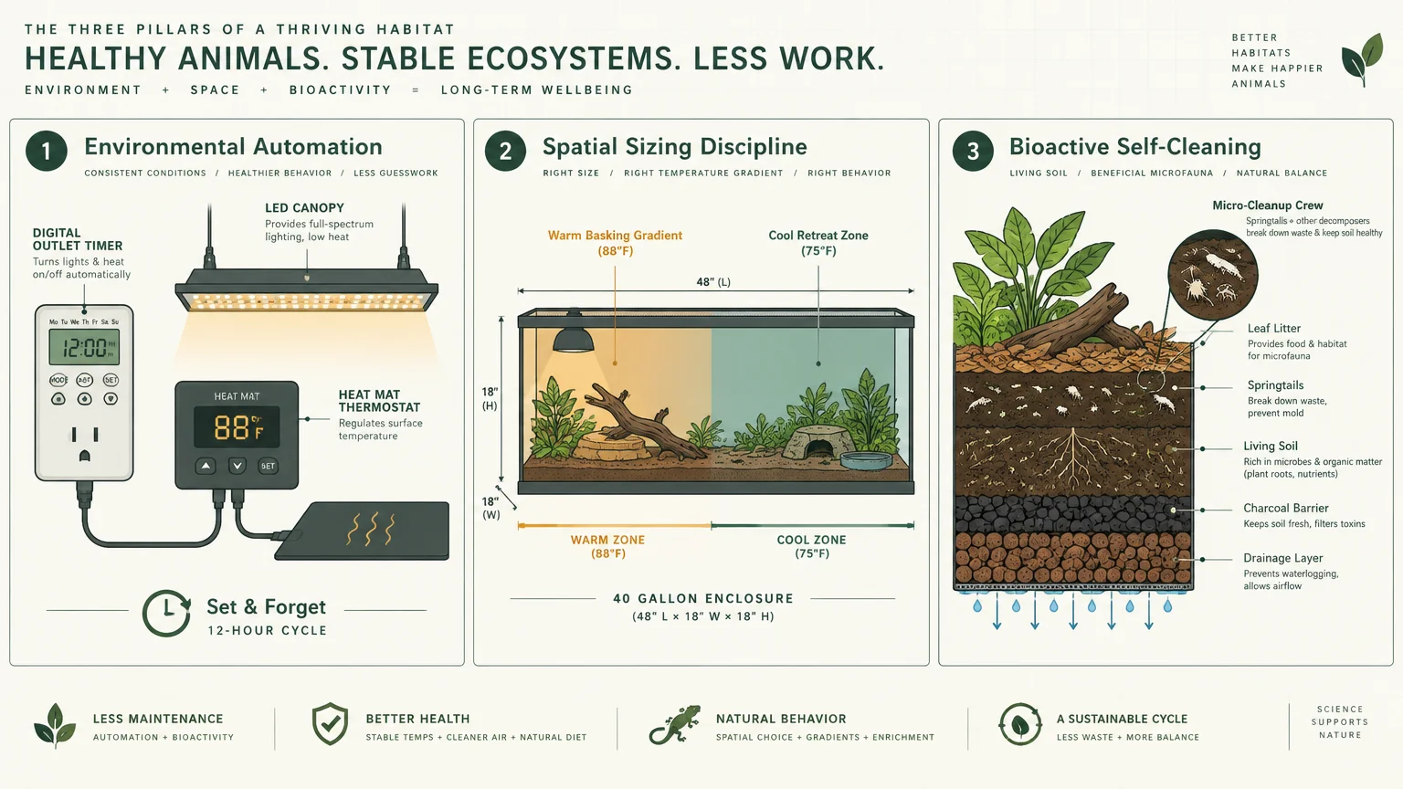 Diagram outlining three habitat pillars: environmental automation, spatial sizing discipline, and bioactive self-cleaning.