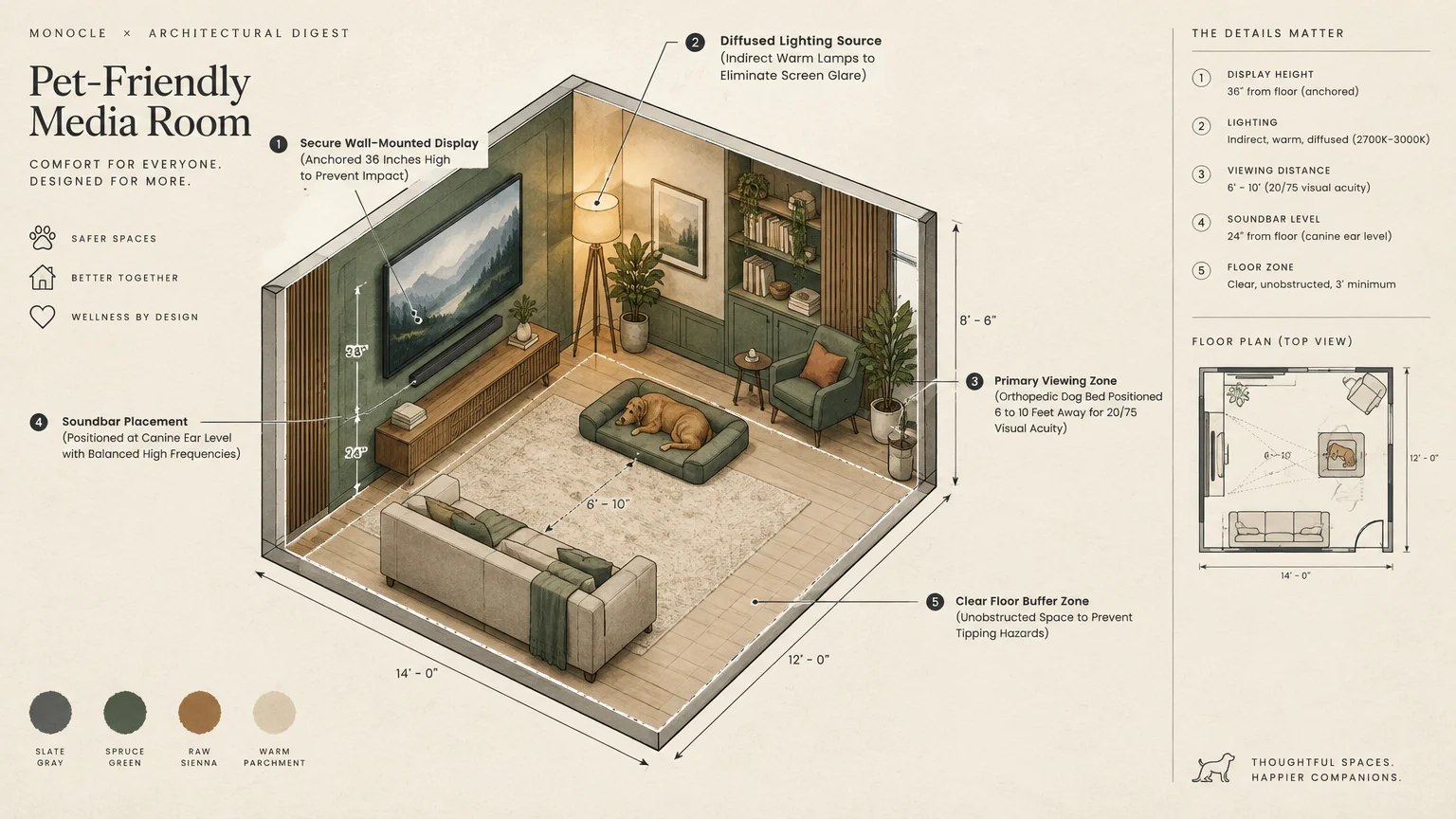 Diagram of a pet-friendly media room layout with labeled TV height, viewing distance to a dog bed, and floor plan.