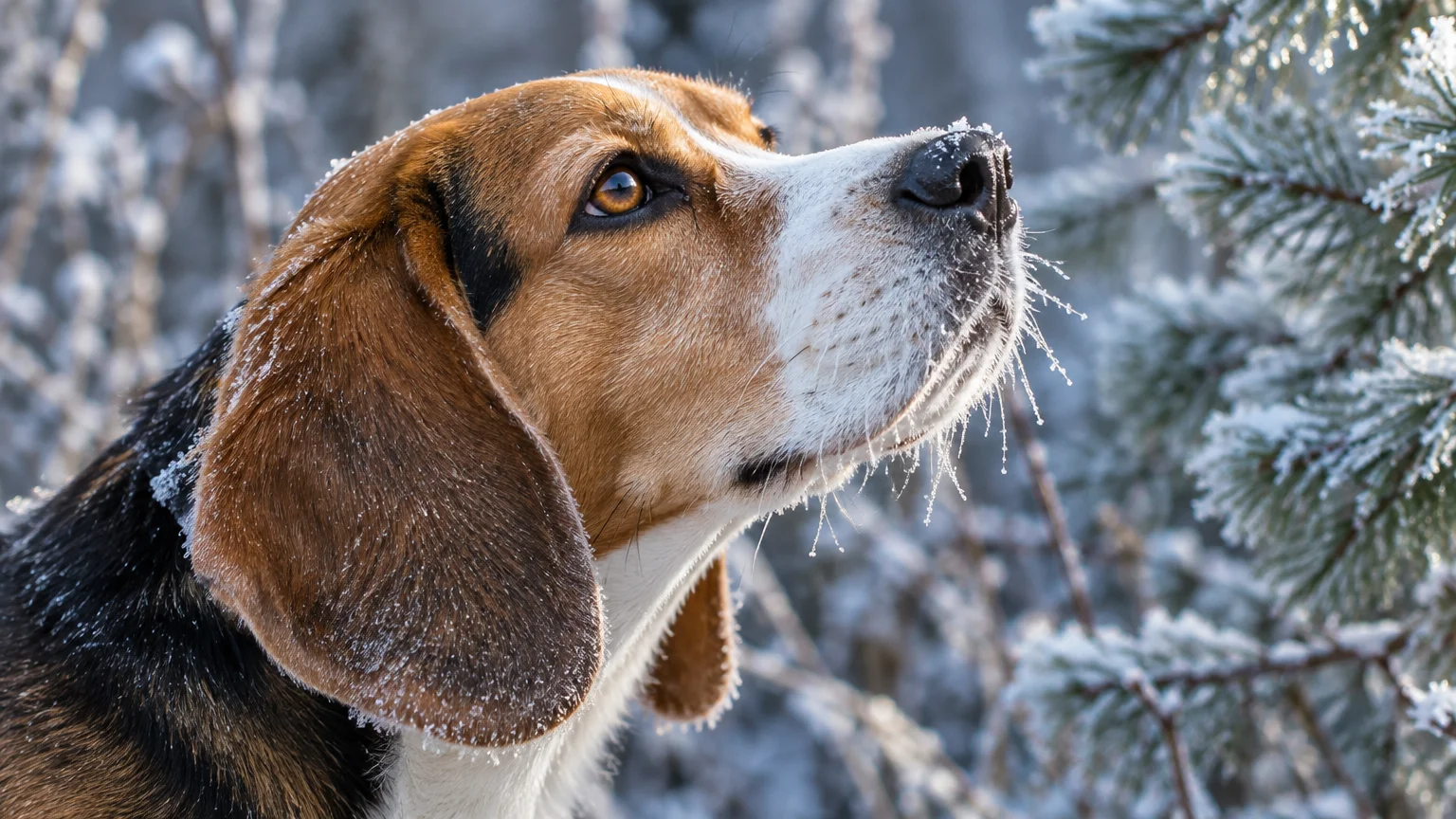 Close-up profile of a beagle with frost on its whiskers and ear, looking up beside a snow-covered pine branch.