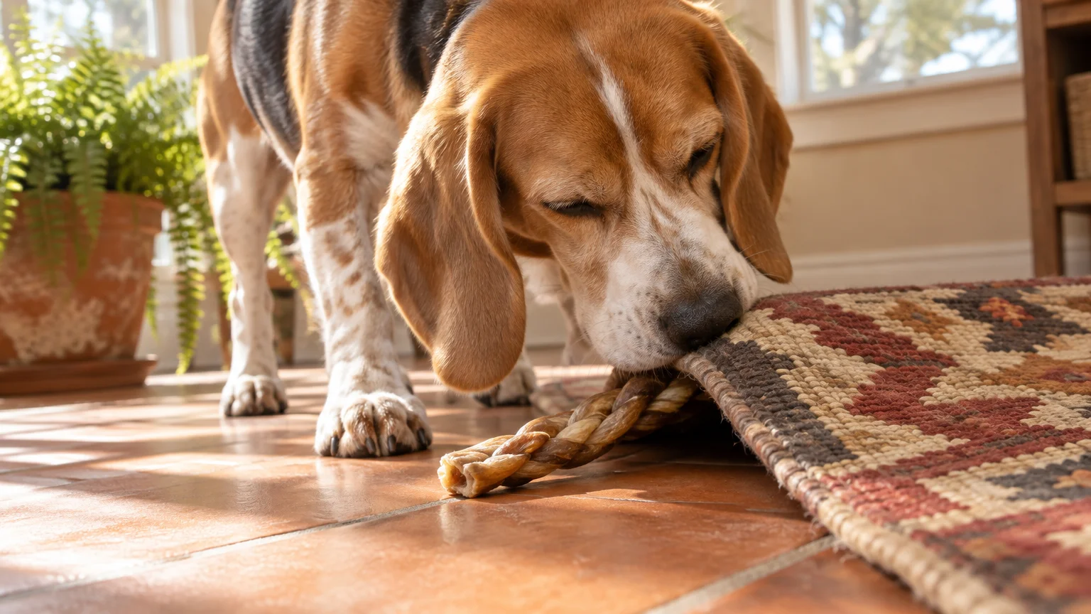 A beagle uses its nose to push a braided dog chew under the edge of a patterned rug on a tile floor.
