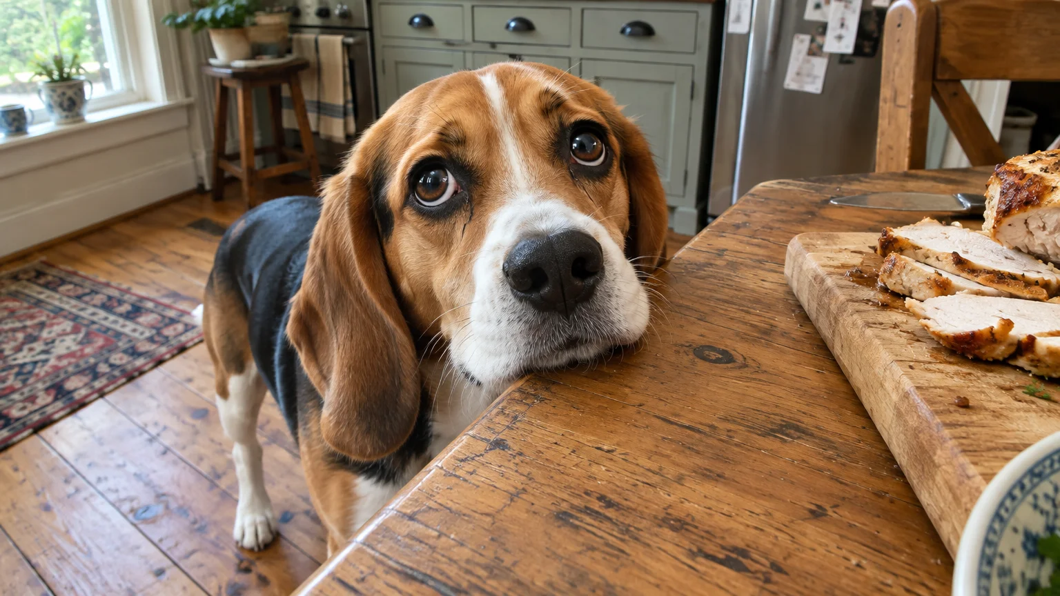 A tricolor beagle rests its chin on a wooden table, looking up pleadingly near a cutting board of sliced meat.