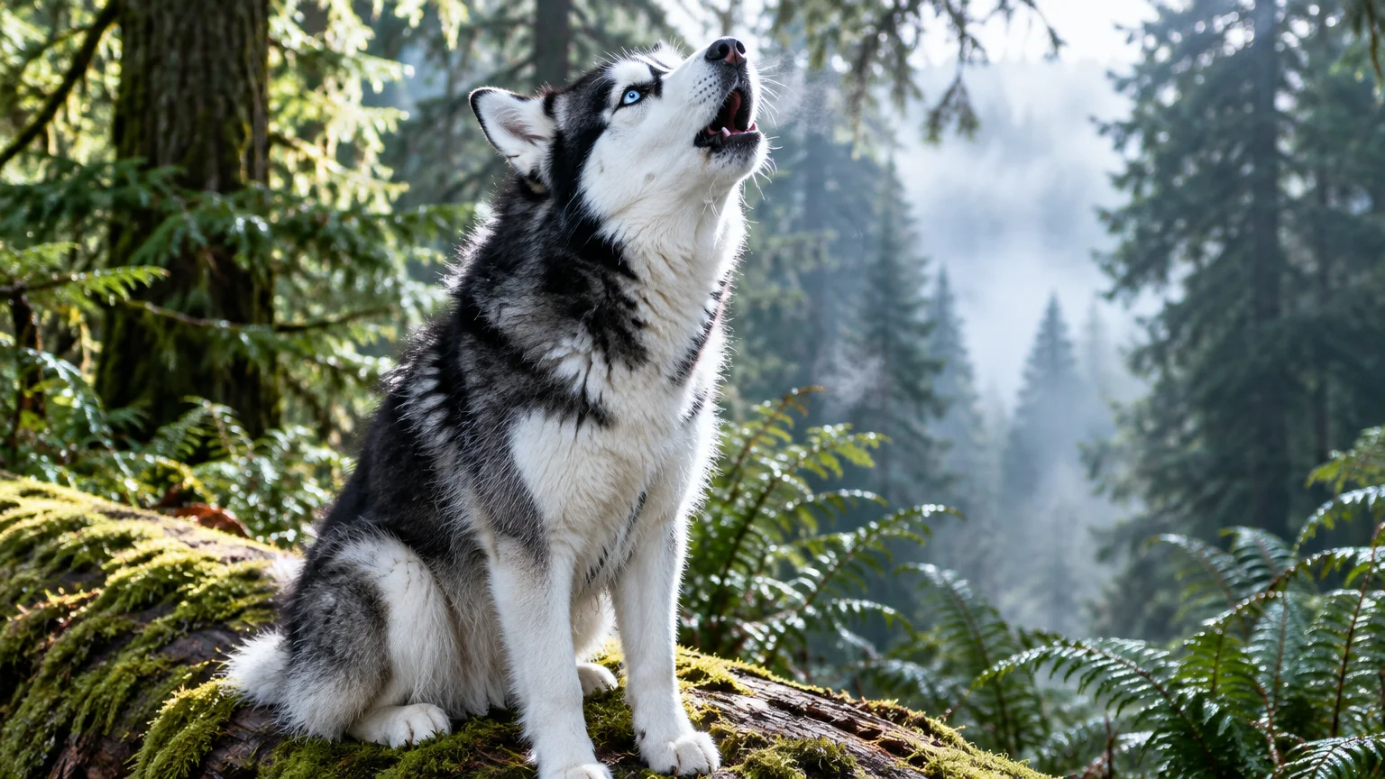 A black and white Siberian husky sits on a mossy log in a misty evergreen forest, howling with head tilted up.