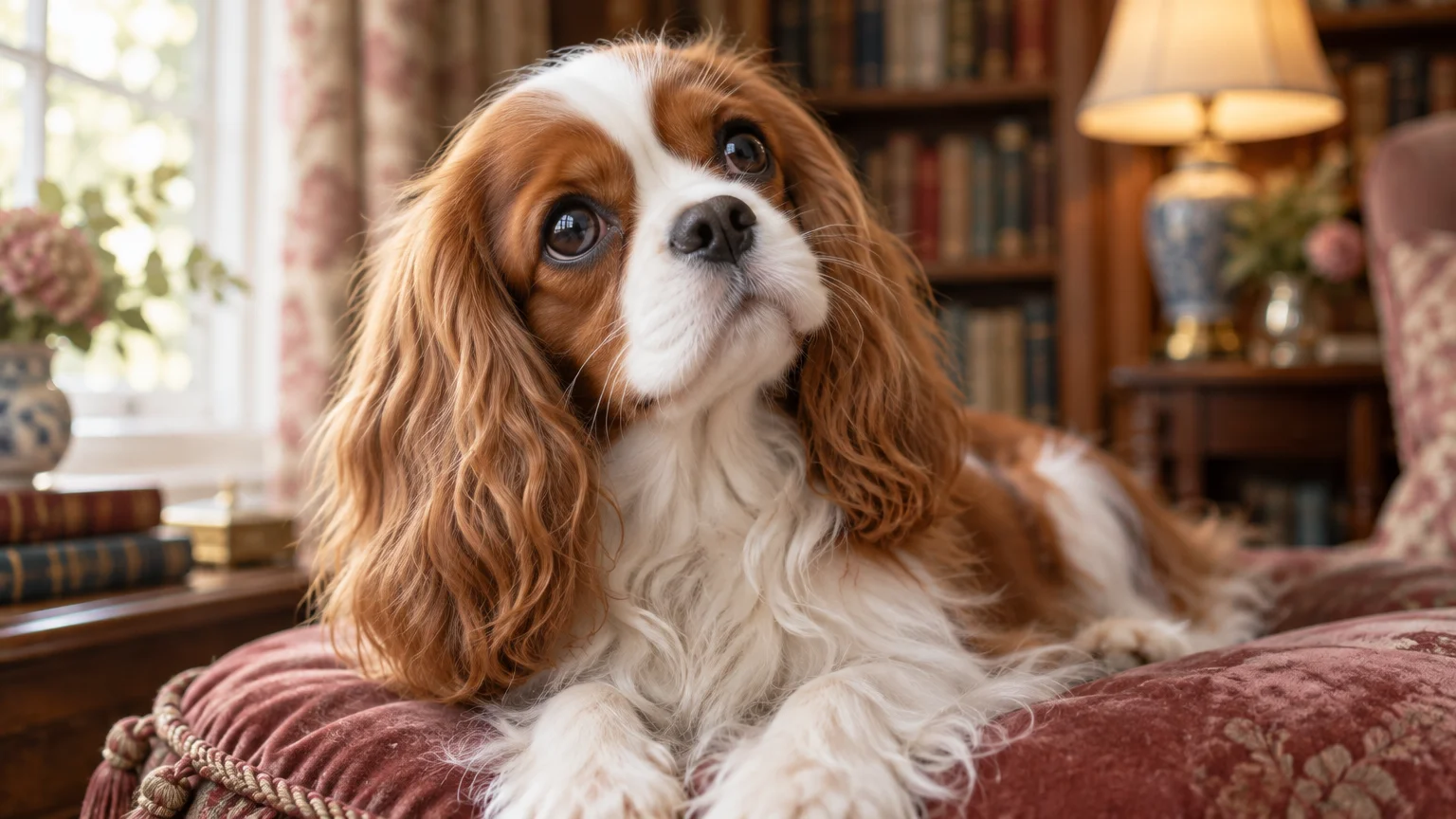 Cavalier King Charles Spaniel with brown and white fur resting on a pink velvet cushion in a home library.