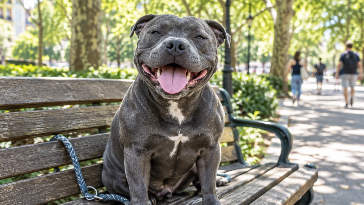 Grey Staffordshire Bull Terrier sitting on a wooden park bench, smiling with mouth open and tongue out.