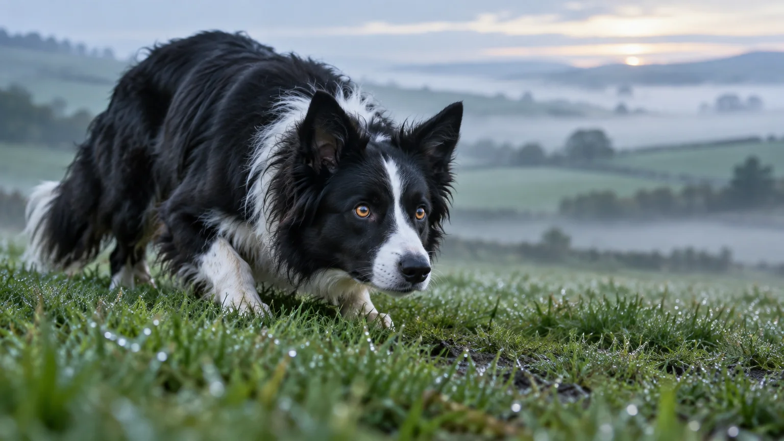 A black and white Border Collie crouches low in wet, dewy grass on a misty hillside at dawn.