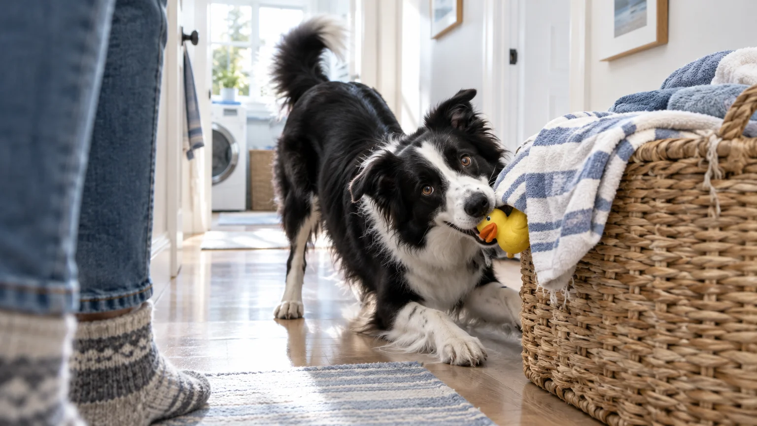 A black and white dog in a play bow holds a yellow rubber duck toy beside a wicker laundry basket in a hallway.