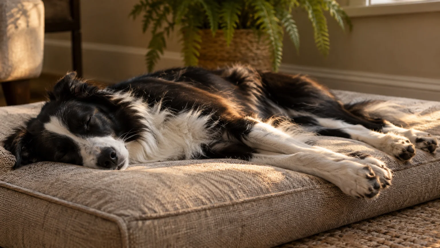 A black and white border collie sleeps soundly on its side on a cushioned dog bed in warm indoor light.