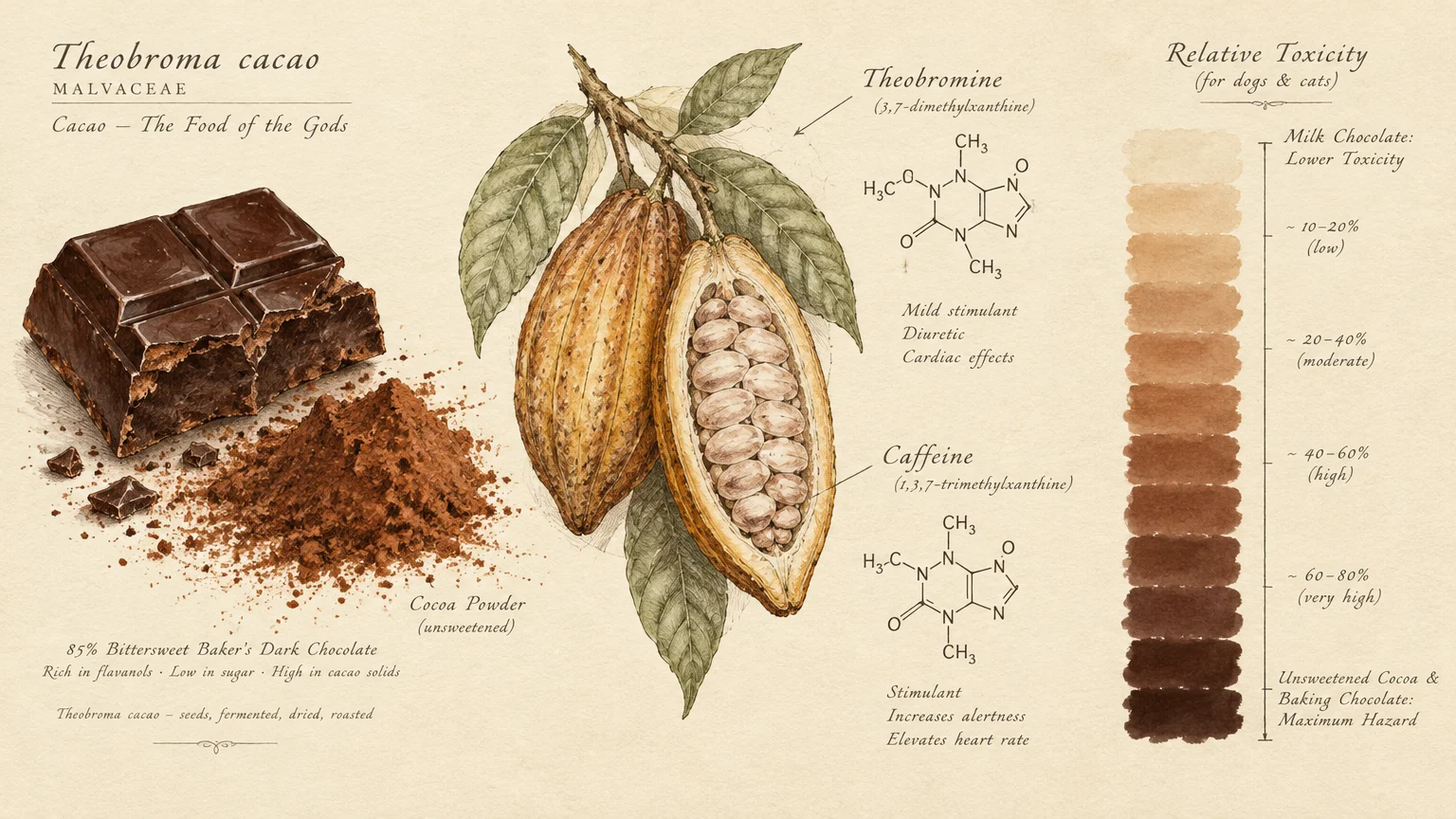 Botanical diagram of cacao pods, dark chocolate, cocoa powder, chemical structures, and a chocolate toxicity color scale.