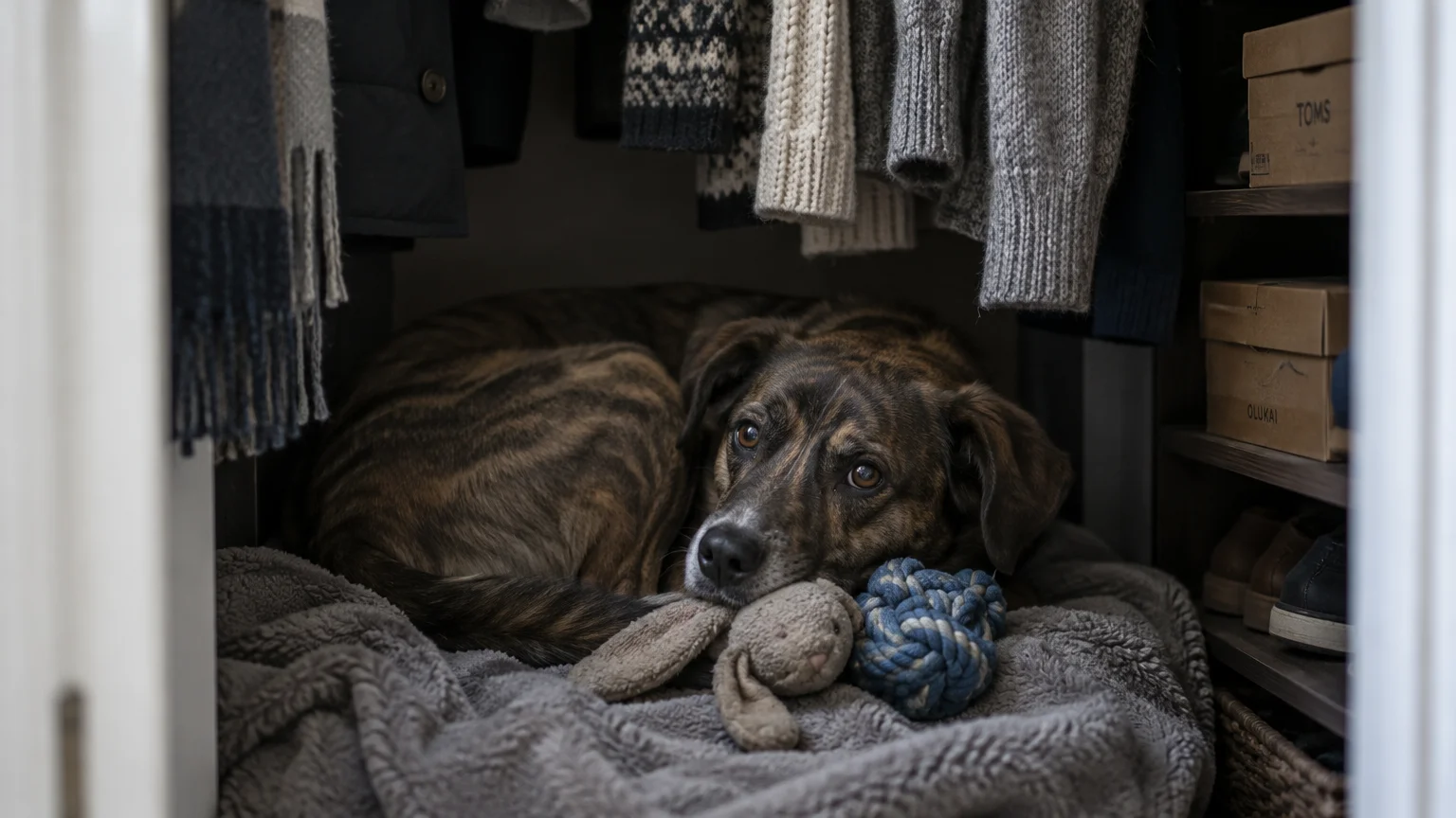 A brindle dog lies on a blanket inside a closet under hanging sweaters, resting its head on plush toys.