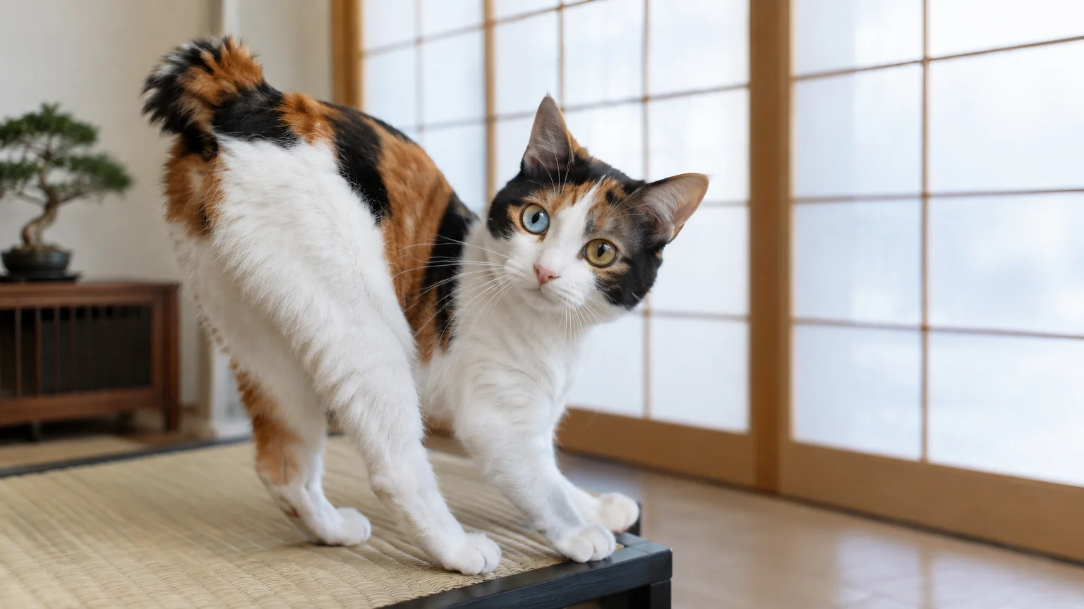 A calico Japanese Bobtail cat with odd eyes, one blue and one yellow, standing on a tatami bench indoors.