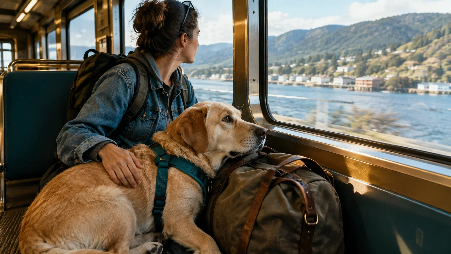A woman sits on a passenger train beside a light-colored dog resting its head on a travel duffel by the window.