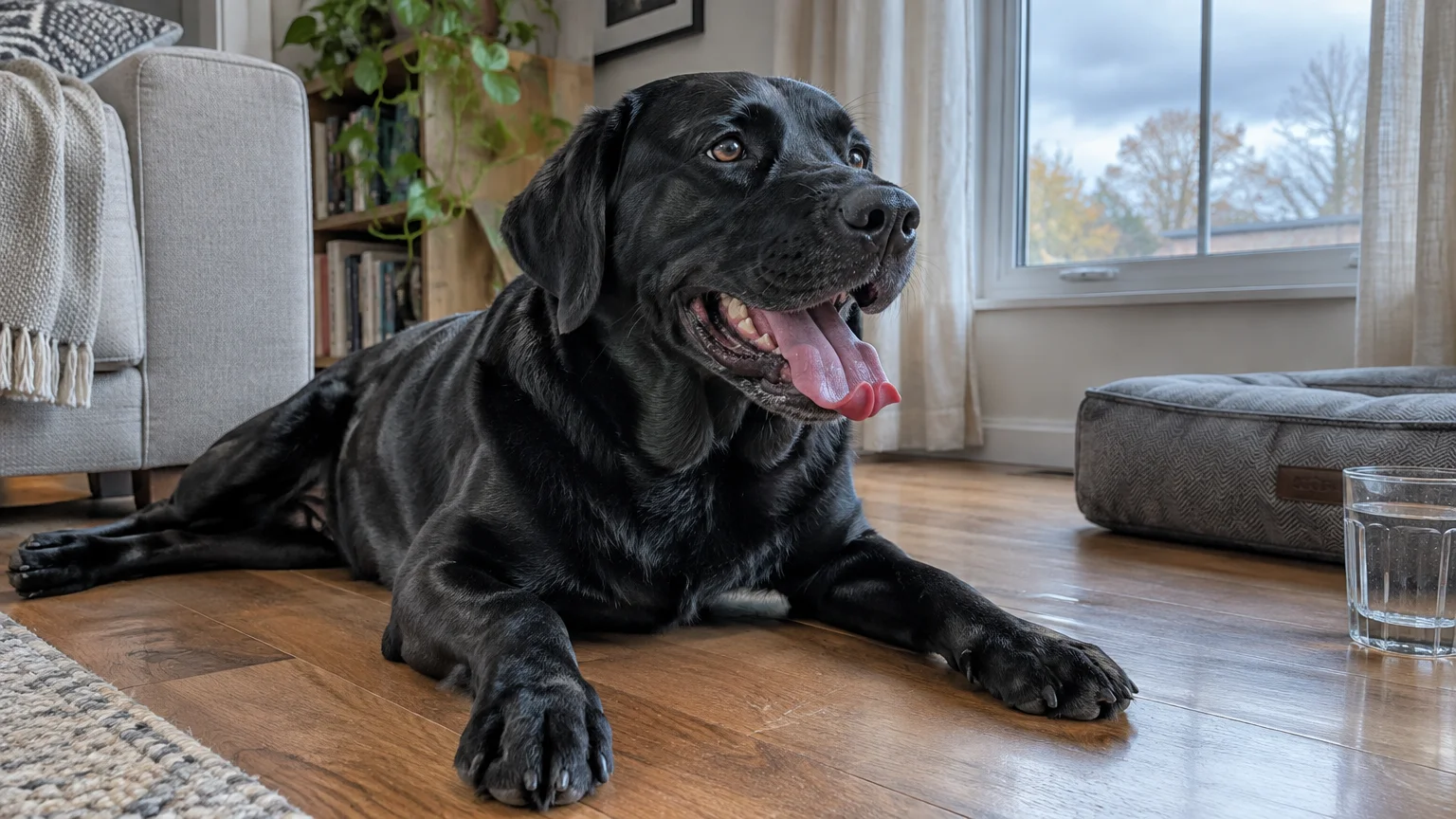 Black Labrador retriever lies on a hardwood floor indoors, panting with its tongue extended beside a glass of water.