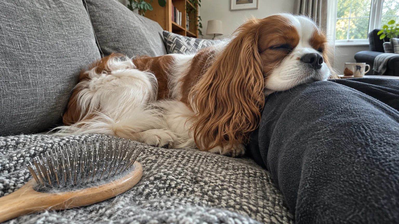 Cavalier King Charles Spaniel sleeping with its head on a person's lap on a sofa next to a metal pin brush.