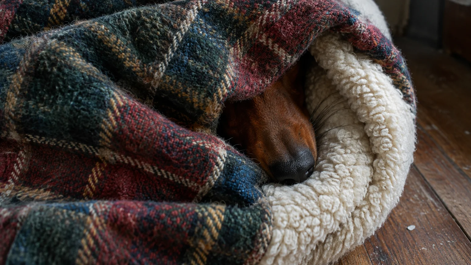 A dog's brown snout peeks out from under a plaid fleece blanket resting on a wooden floor.