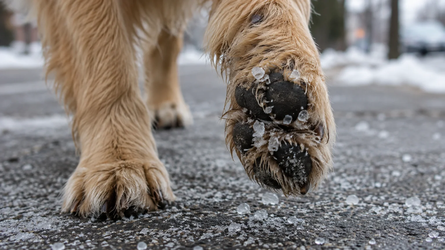 Close-up of a golden dog's paw lifted above an icy pavement covered with frozen salt crystals.