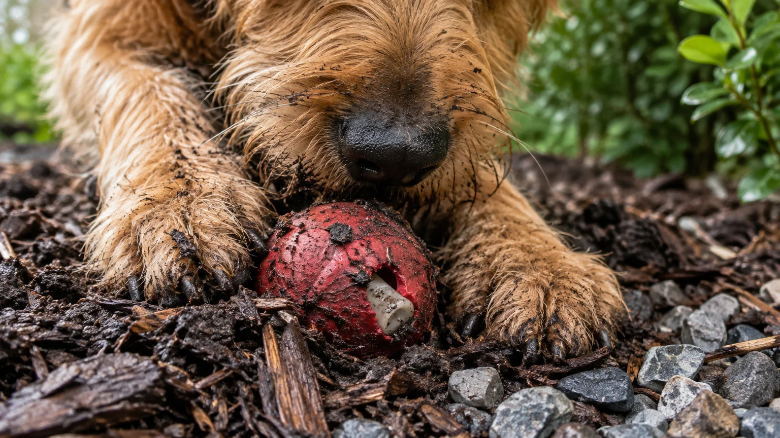 A scruffy dog with muddy paws and muzzle holds a damaged red rubber ball in dirt and wood mulch.